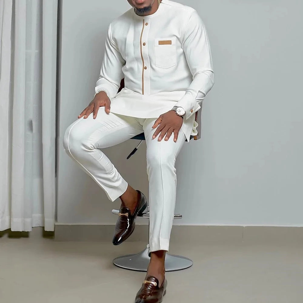 Traje Masculino Africano com Bordado Temos, Conjunto de Duas Peças, Calça Longa, Estilo Étnico Casual, Traje de Casamento, Terno para Noivos.