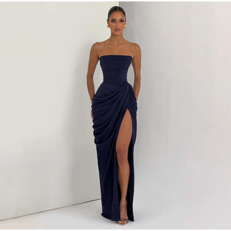 Vestido Elegante Amarelo Plissado Sem Alças para Mulheres, Chique, Sem Mangas, com Cintura Marcada e Fenda, Vestido Longo para Festas Noturnas Femininas 2026