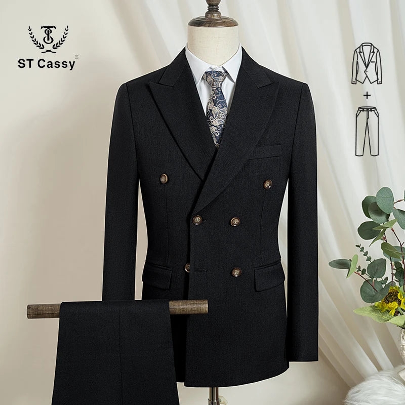 Terno masculino elegante azul escuro ST Cassy, conjunto de 2 peças, moderno, para casamento, festas, negócios e escritório.