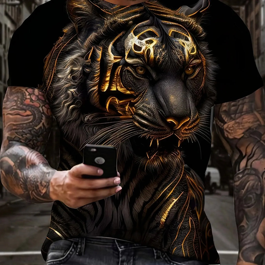 Camiseta masculina de manga curta gola redonda, leão e coroa legal impressão gráfica 3D, novidade, verão ao ar livre