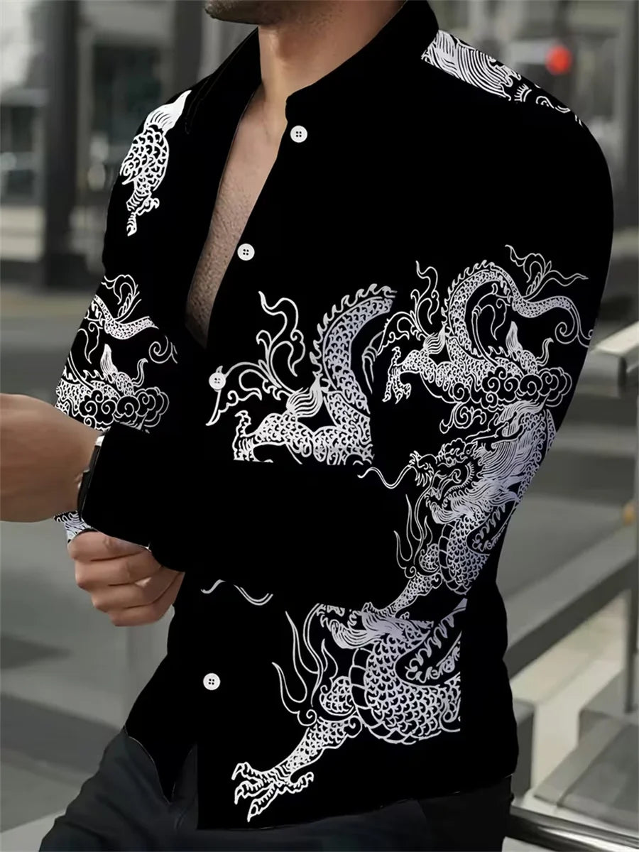 Camisa masculina de manga comprida com design de estampa de linha geométrica preta e dourada, blusa cardigã casual elegante, tecido confortável.