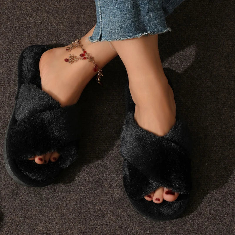 Cruz quente fofo chinelos peludos feminino leve saltos planos slides de pele mulher outono inverno dedo do pé aberto antiderrapante sapatos de chão para casa