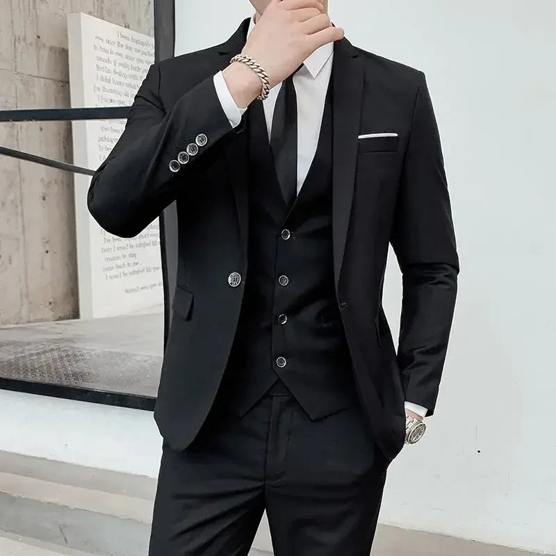 Terno (blazer + colete + calças) moda masculina negócios ao ar livre tendência cor sólida casual fino-ajuste casamento anfitrião cavalheiro terno 6xl