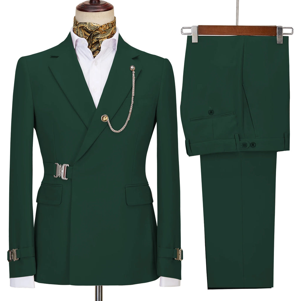 Terno de negócios masculino com fivela de metal, jaqueta casual, casaco boutique, vestido de noiva do noivo, blazers e calças, moda elegante