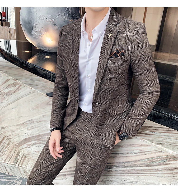 Terno de negócios fino ajuste masculino alta qualidade boutique moda conjunto de duas peças bonito tendência banquete quatro estações calças incluídas