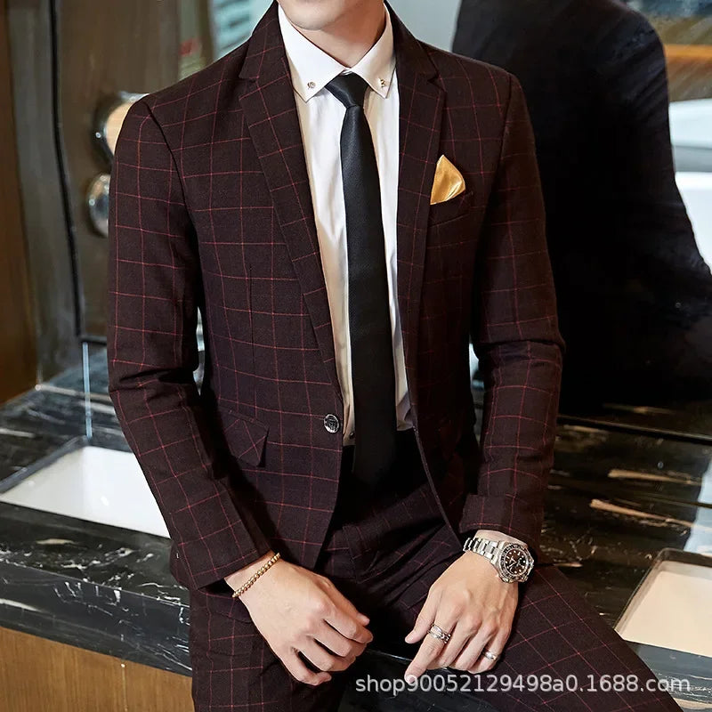 Terno de casamento xadrez fino ajuste masculino jaqueta estilo coreano negócios casual terno único breasted com conjunto de padrinhos de casamento wear