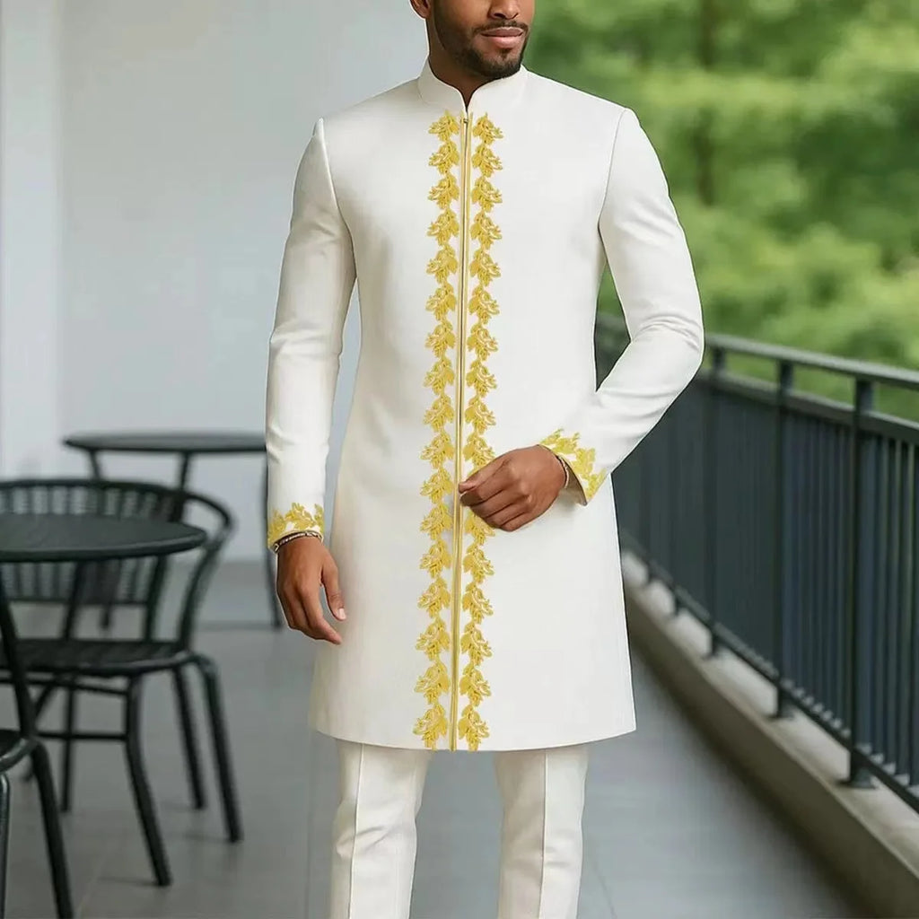 Traje Masculino Africano com Bordado Temos, Conjunto de Duas Peças, Calça Longa, Estilo Étnico Casual, Traje de Casamento, Terno para Noivos.