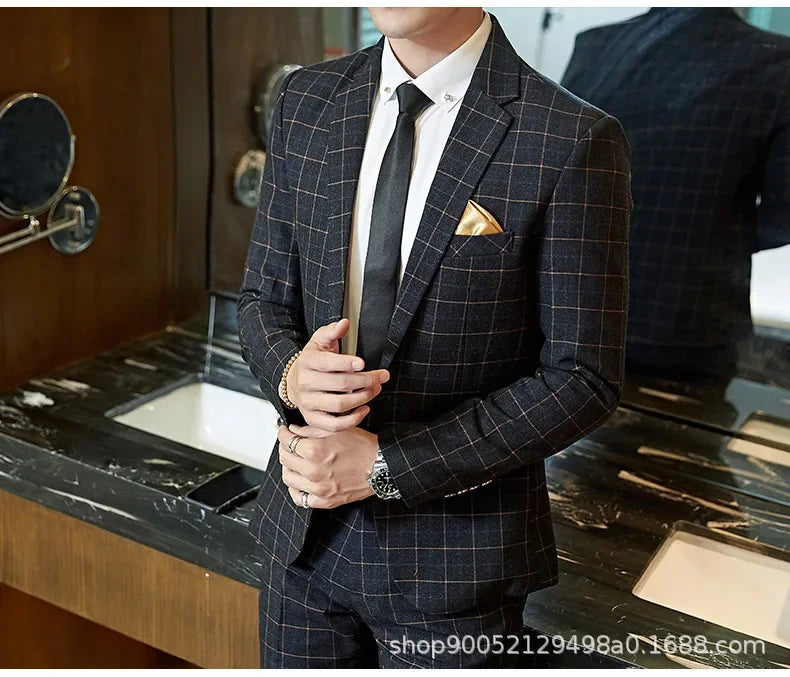 Terno de casamento xadrez fino ajuste masculino jaqueta estilo coreano negócios casual terno único breasted com conjunto de padrinhos de casamento wear