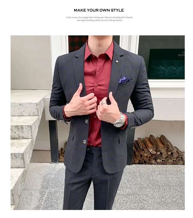 Terno de negócios fino ajuste masculino alta qualidade boutique moda conjunto de duas peças bonito tendência banquete quatro estações calças incluídas