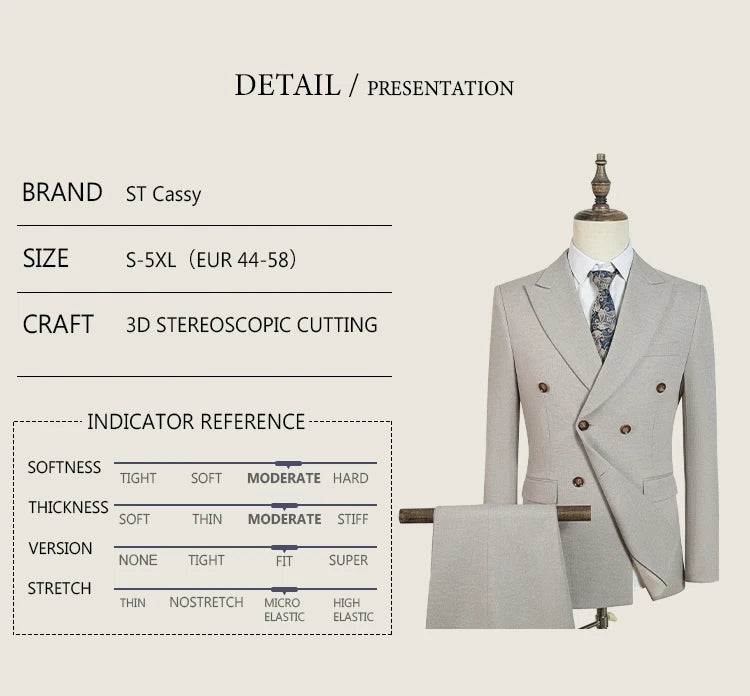 Terno masculino elegante azul escuro ST Cassy, conjunto de 2 peças, moderno, para casamento, festas, negócios e escritório.