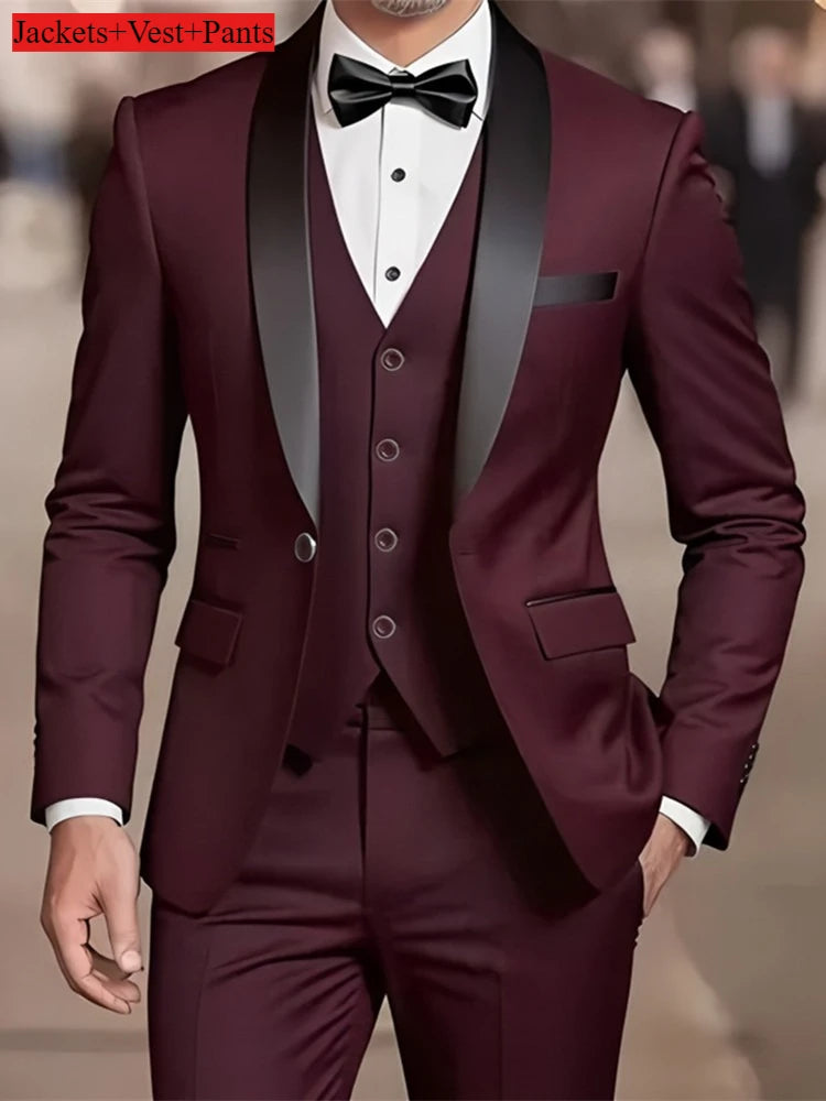 Conjunto de terno formal masculino negócios casual fino ajuste smoking para casamento, lapela de entalhe de manga longa, noivo
