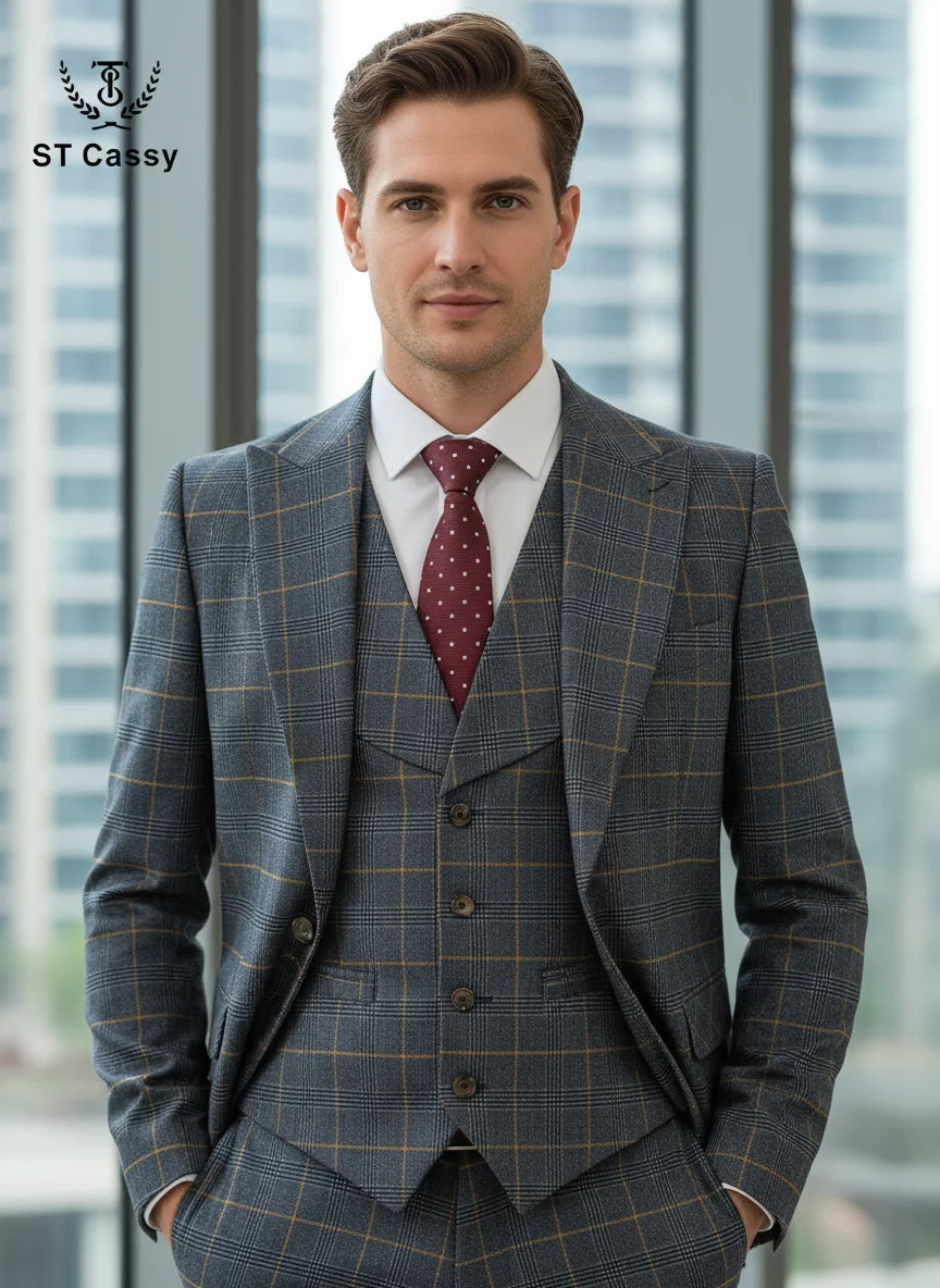 Conjunto de terno xadrez de 3 peças, azul escuro, elegante, para negócios, escritório, casamento, traje formal, elegante, completo, para jantar.