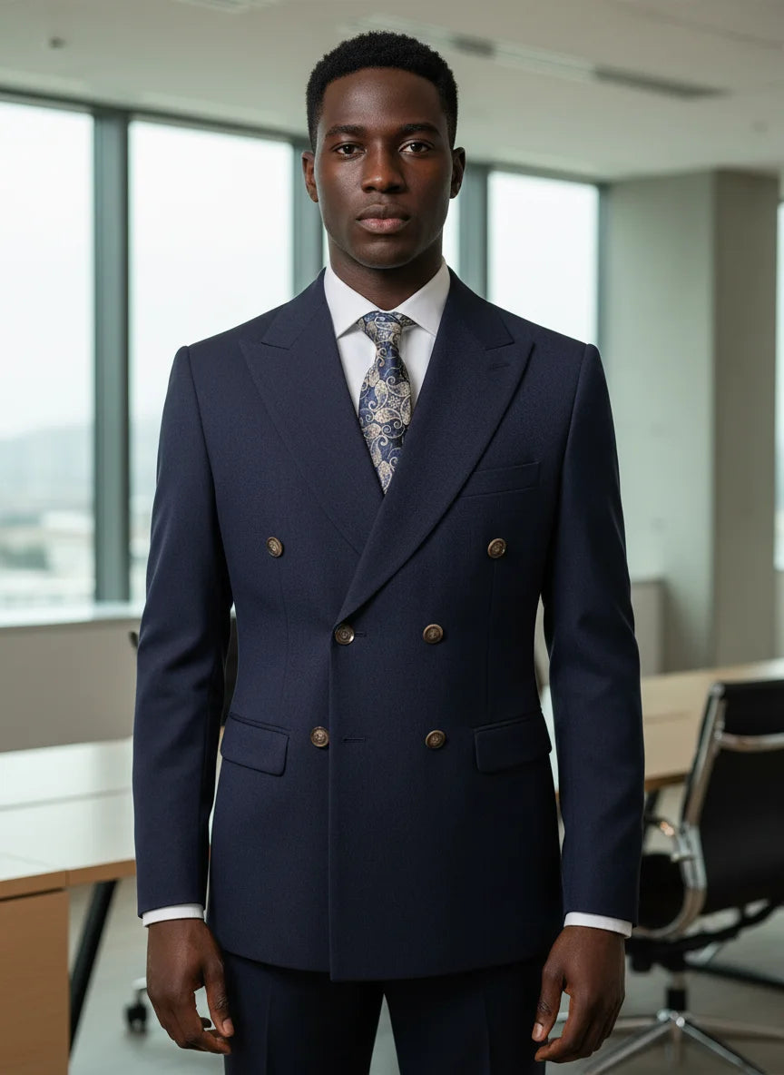 Terno masculino elegante azul escuro ST Cassy, conjunto de 2 peças, moderno, para casamento, festas, negócios e escritório.