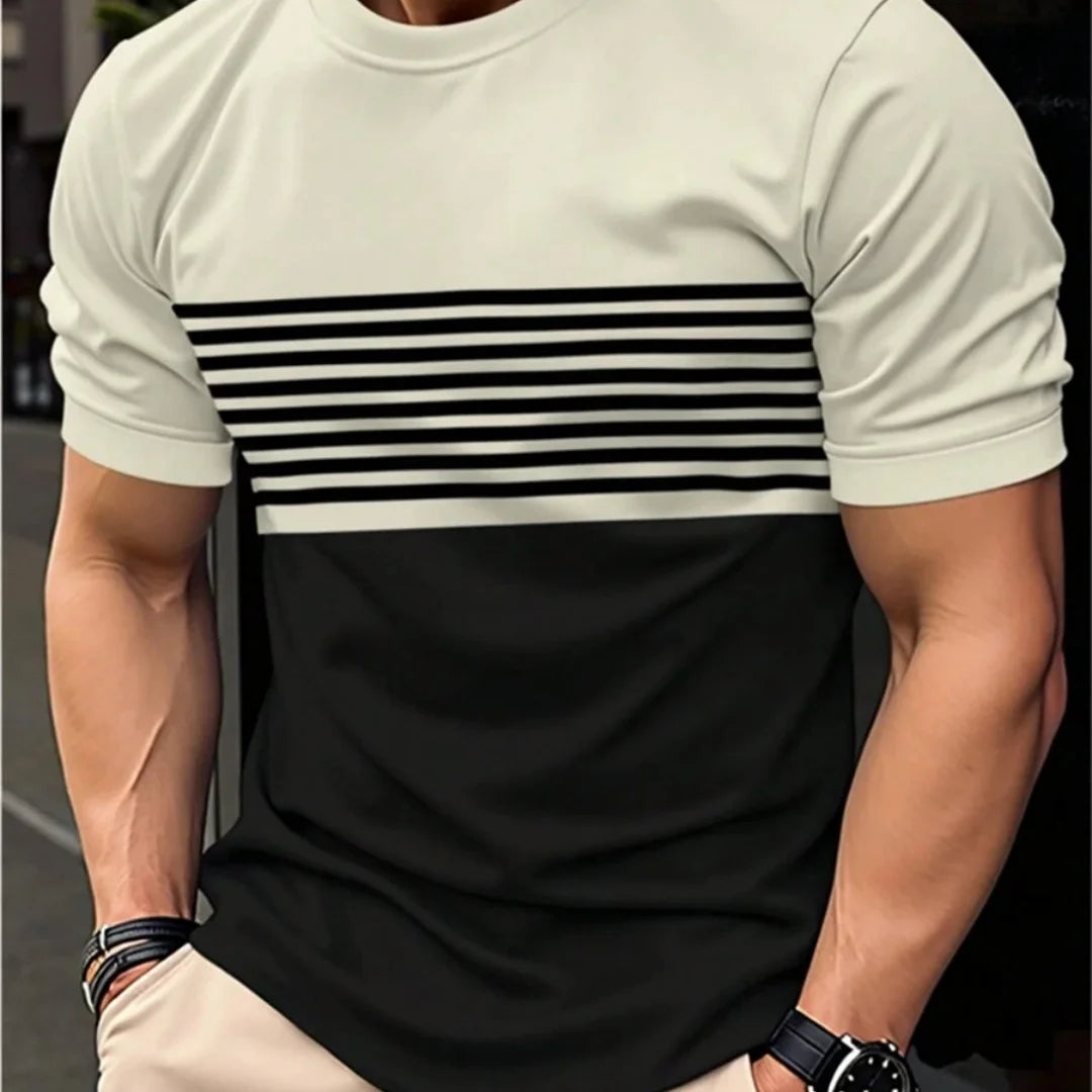Camiseta de grandes dimensões masculina t camisa verão moda casual em torno do pescoço manga curta topo listrado impresso roupas masculinas camiseta