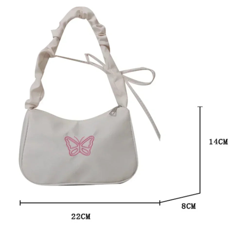 Bordado bowknot borboleta bolsa de ombro y2k-estilo plissado alça náilon arco sacola maquiagem batom bolsa nova