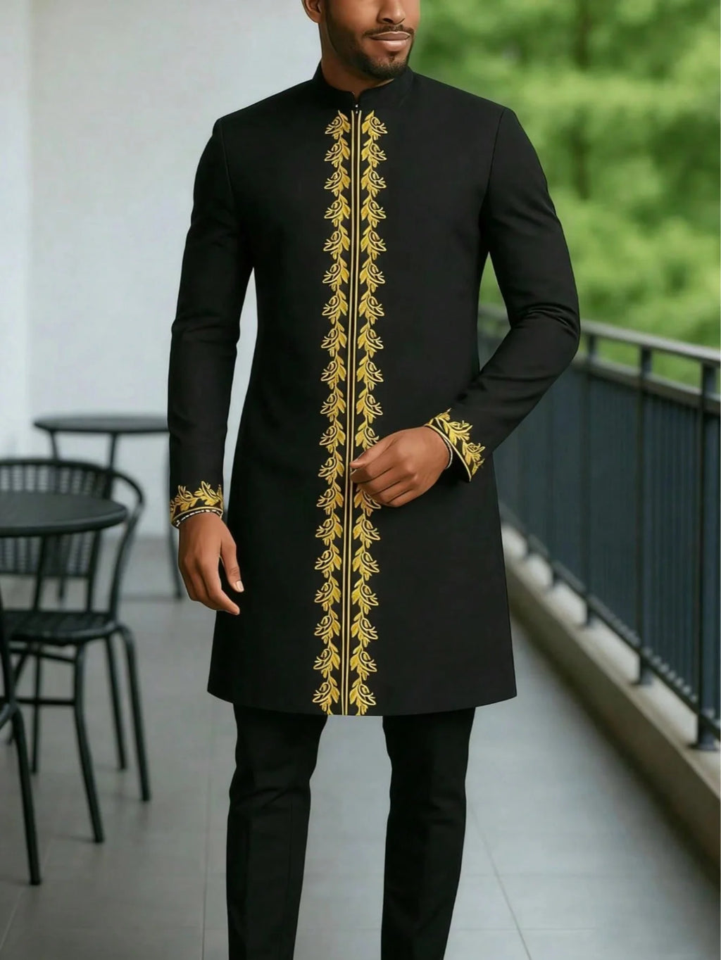 Traje Masculino Africano com Bordado Temos, Conjunto de Duas Peças, Calça Longa, Estilo Étnico Casual, Traje de Casamento, Terno para Noivos.