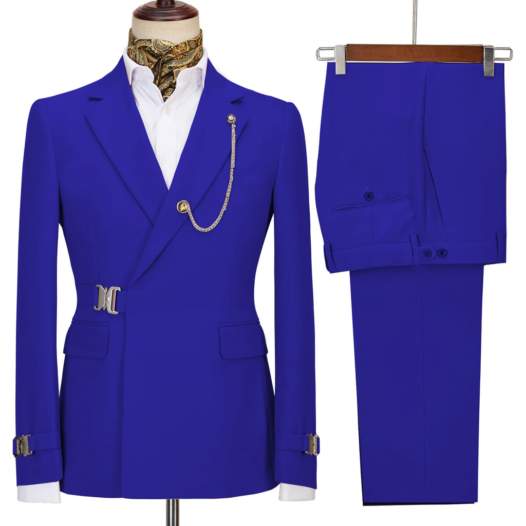 Terno de negócios masculino com fivela de metal, jaqueta casual, casaco boutique, vestido de noiva do noivo, blazers e calças, moda elegante
