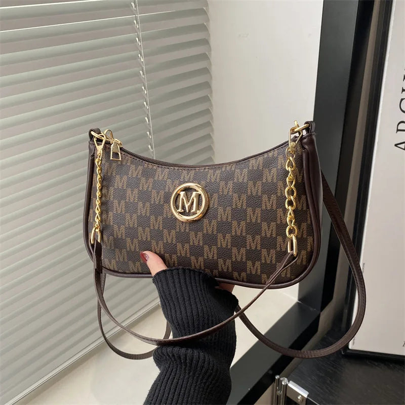 Bolsa crossbody estilo vintage, bolsa mensageiro de ombro de couro pu com design de letra dourada 'M', bolsa tote de couro sintético, bolsa
