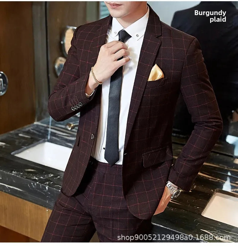 Terno de casamento xadrez fino ajuste masculino jaqueta estilo coreano negócios casual terno único breasted com conjunto de padrinhos de casamento wear