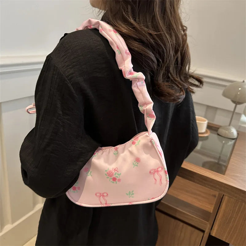 Bolsas femininas nova doce impressão bolsas de lona coreano floral arco impresso zíper sacola feminina pequena bolsa de ombro