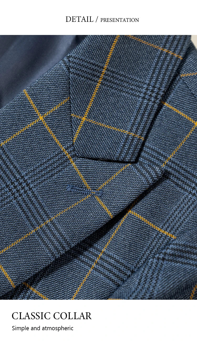 Conjunto de terno xadrez de 3 peças, azul escuro, elegante, para negócios, escritório, casamento, traje formal, elegante, completo, para jantar.