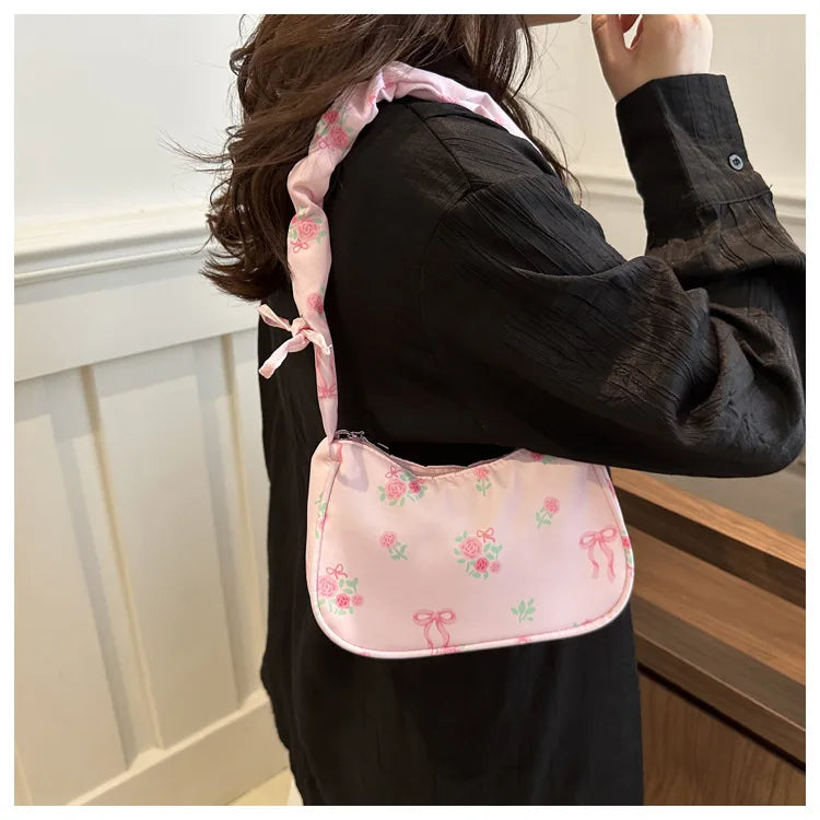 Bolsas femininas nova doce impressão bolsas de lona coreano floral arco impresso zíper sacola feminina pequena bolsa de ombro