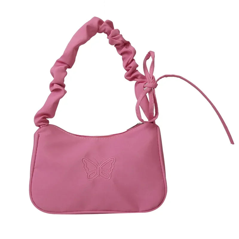 Bordado bowknot borboleta bolsa de ombro y2k-estilo plissado alça náilon arco sacola maquiagem batom bolsa nova
