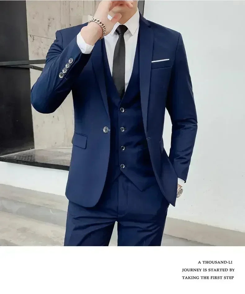 Terno (blazer + colete + calças) moda masculina negócios ao ar livre tendência cor sólida casual fino-ajuste casamento anfitrião cavalheiro terno 6xl