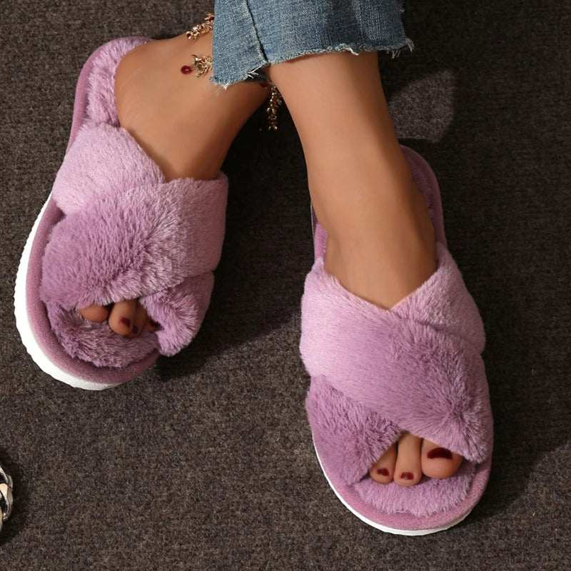 Cruz quente fofo chinelos peludos feminino leve saltos planos slides de pele mulher outono inverno dedo do pé aberto antiderrapante sapatos de chão para casa
