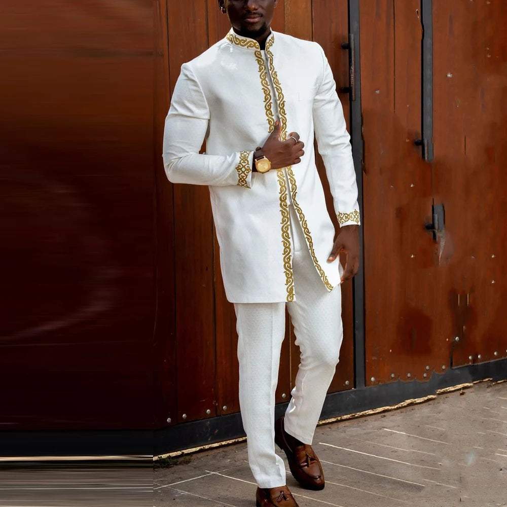 Traje Masculino Africano com Bordado Temos, Conjunto de Duas Peças, Calça Longa, Estilo Étnico Casual, Traje de Casamento, Terno para Noivos.