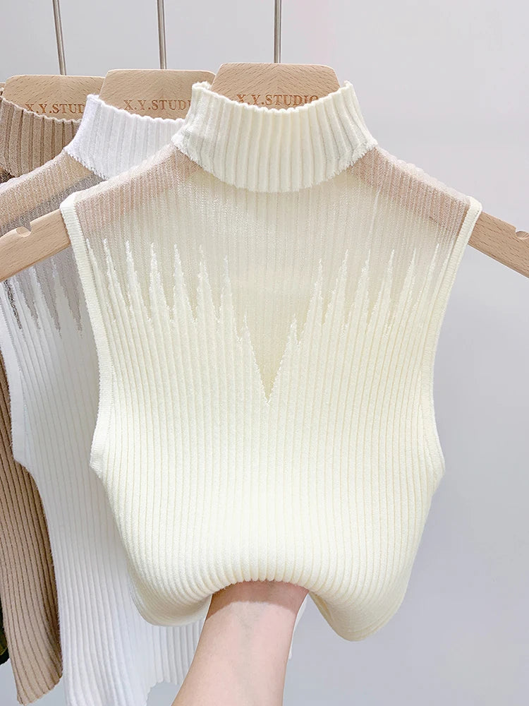 Top de malha de malha feminina y2k regata meio pescoço colete feminino sem mangas camisola chique corte streetwear sólido magro tubo topo