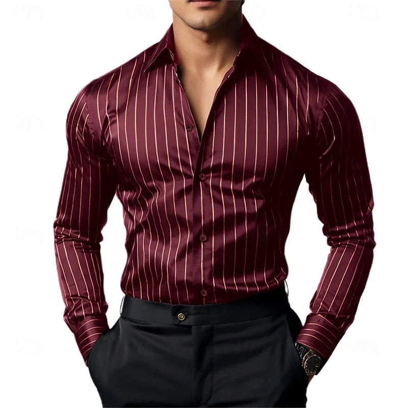 Camisa masculina listrada de manga comprida, business casual, versátil, com gola lapela e design de botão, disponível em 19 cores.