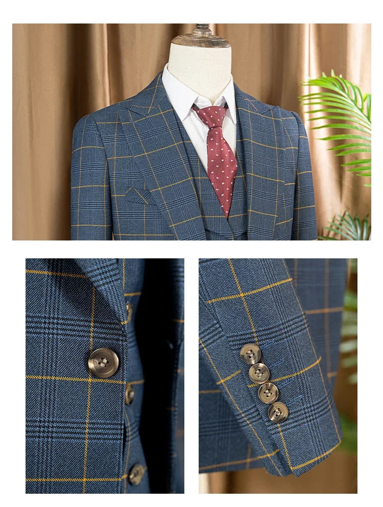 Conjunto de terno xadrez de 3 peças, azul escuro, elegante, para negócios, escritório, casamento, traje formal, elegante, completo, para jantar.