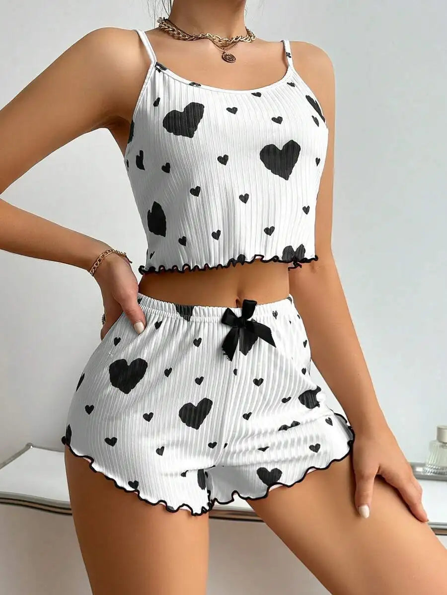 Conjunto de pijamas femininos pijamas 2 peças regata curta e shorts s m l branco ventilar macio casual amor impressão