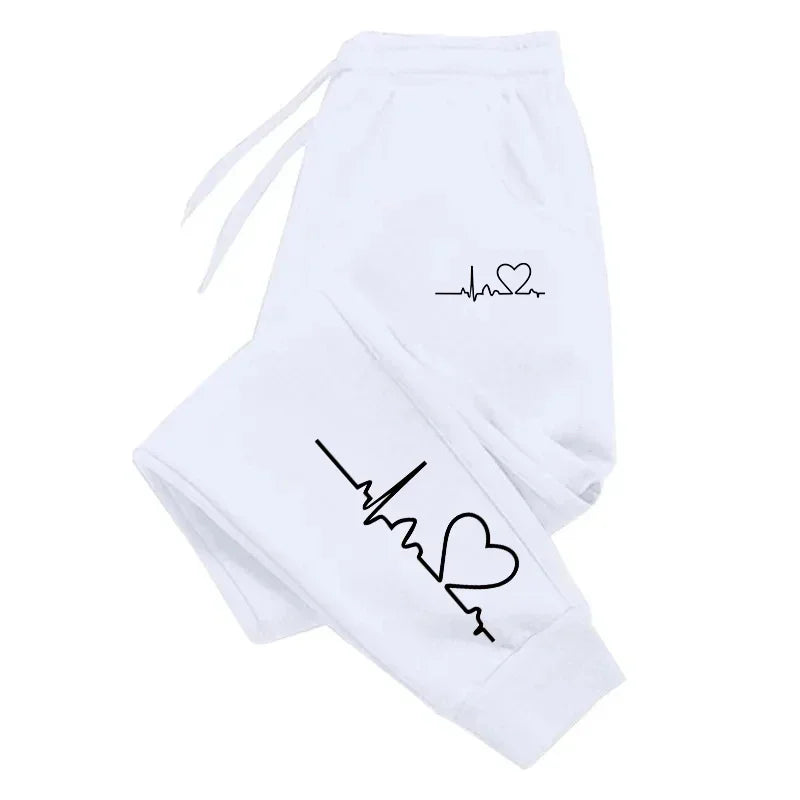 Calça de moletom feminina com estampa de coração, casual, de alta qualidade, fitness, moda, baggy, quente, esporte de rua, corrida, uso diário