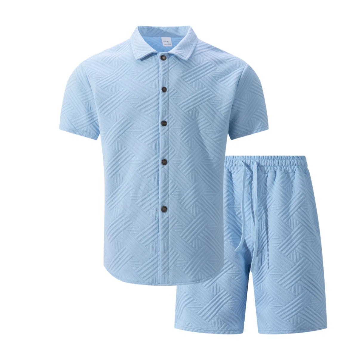Conjunto Casual Masculino de Verão 2026: Camisa de Manga Curta com Gola Lapela em Tricô Waffle Jacquard de Cor Sólida e Shorts - Lançamento Quente!