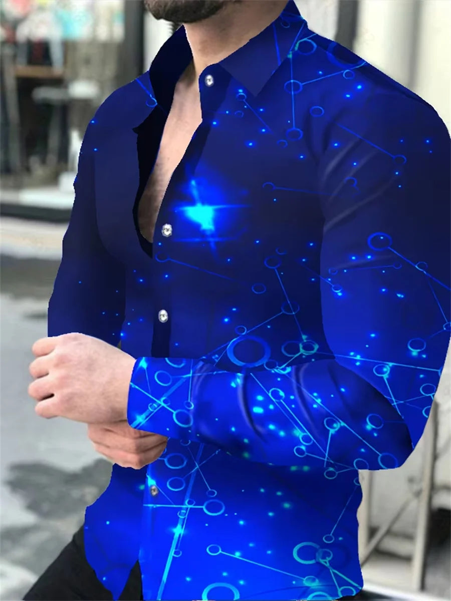 Camisa masculina de manga comprida com design de estampa de linha geométrica preta e dourada, blusa cardigã casual elegante, tecido confortável.