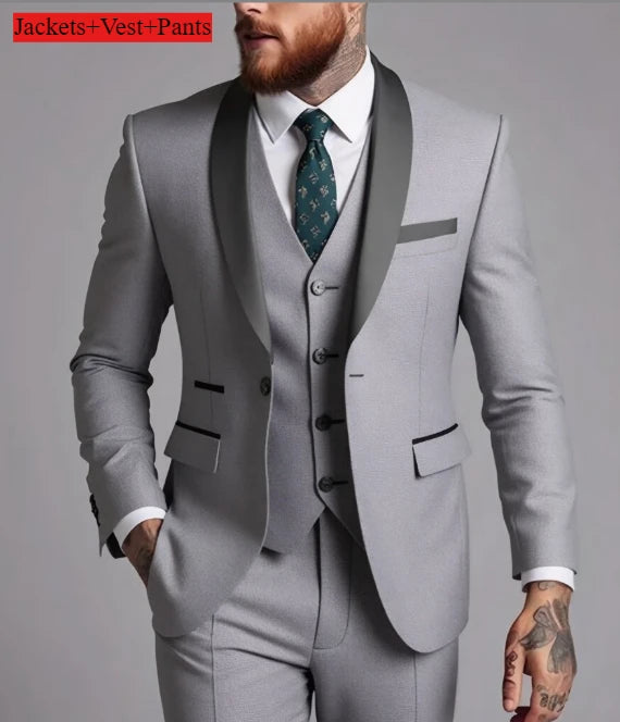 Conjunto de terno formal masculino negócios casual fino ajuste smoking para casamento, lapela de entalhe de manga longa, noivo