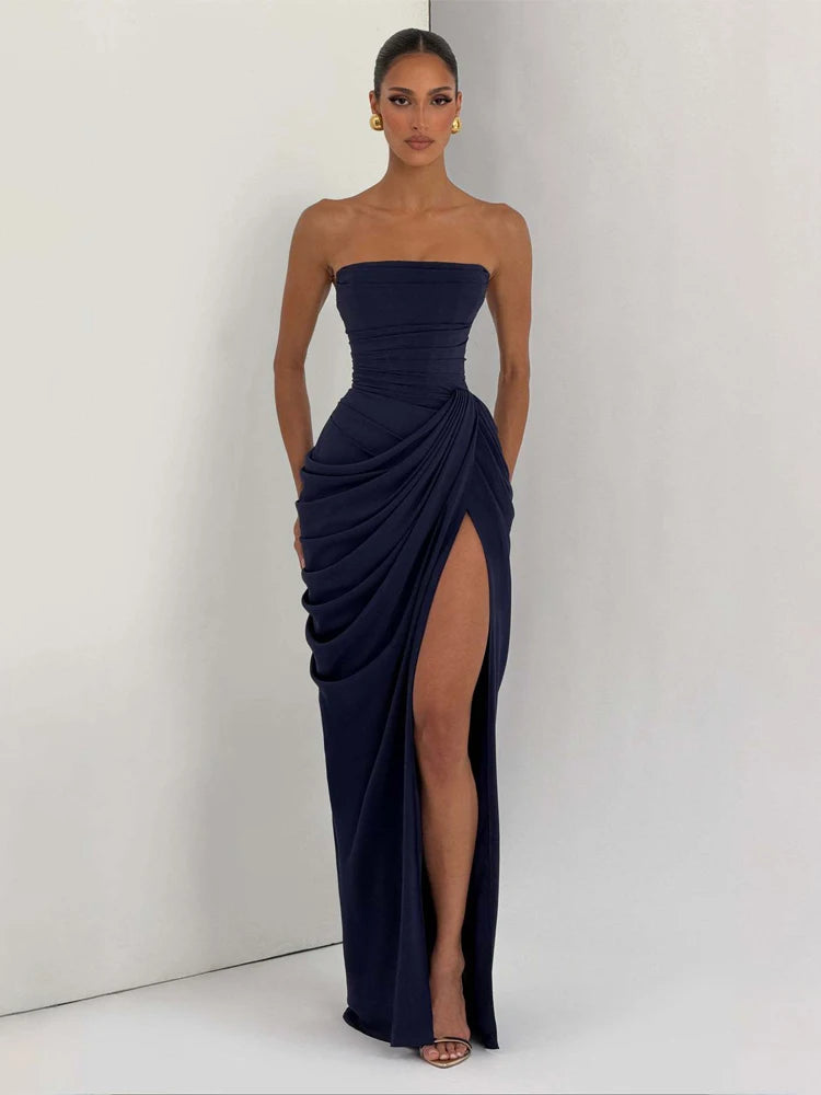 Vestido Elegante Amarelo Plissado Sem Alças para Mulheres, Chique, Sem Mangas, com Cintura Marcada e Fenda, Vestido Longo para Festas Noturnas Femininas 2026