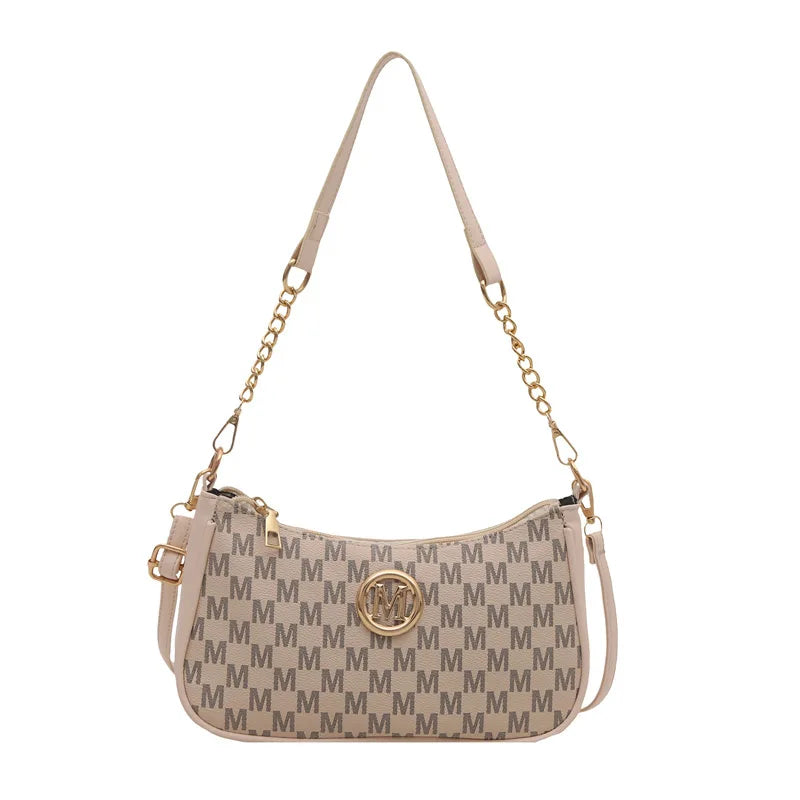Bolsa crossbody estilo vintage, bolsa mensageiro de ombro de couro pu com design de letra dourada 'M', bolsa tote de couro sintético, bolsa