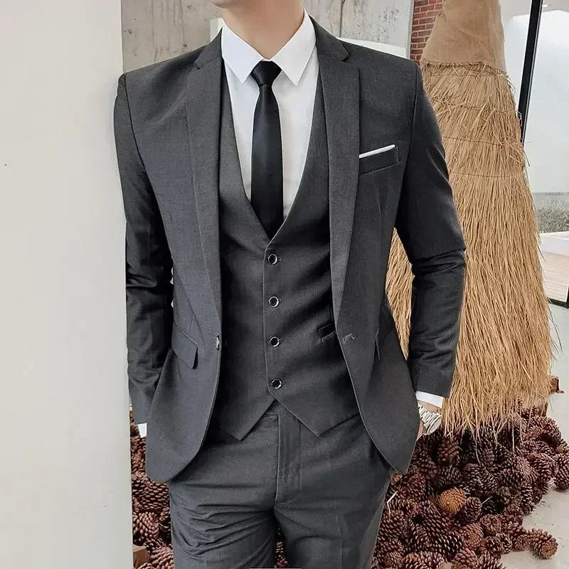 Terno (blazer + colete + calças) moda masculina negócios ao ar livre tendência cor sólida casual fino-ajuste casamento anfitrião cavalheiro terno 6xl