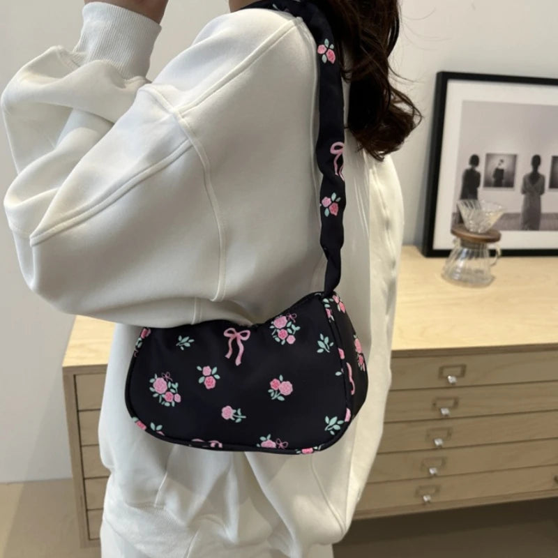 Bolsas femininas nova doce impressão bolsas de lona coreano floral arco impresso zíper sacola feminina pequena bolsa de ombro