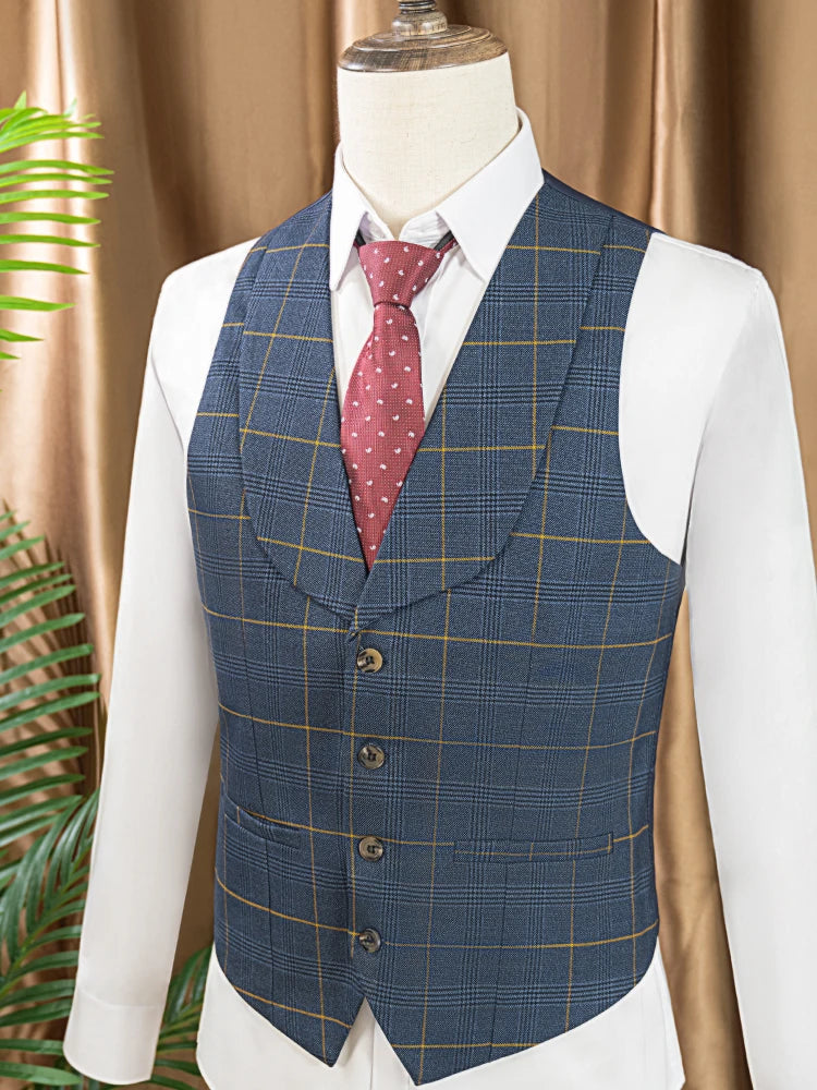 Conjunto de terno xadrez de 3 peças, azul escuro, elegante, para negócios, escritório, casamento, traje formal, elegante, completo, para jantar.