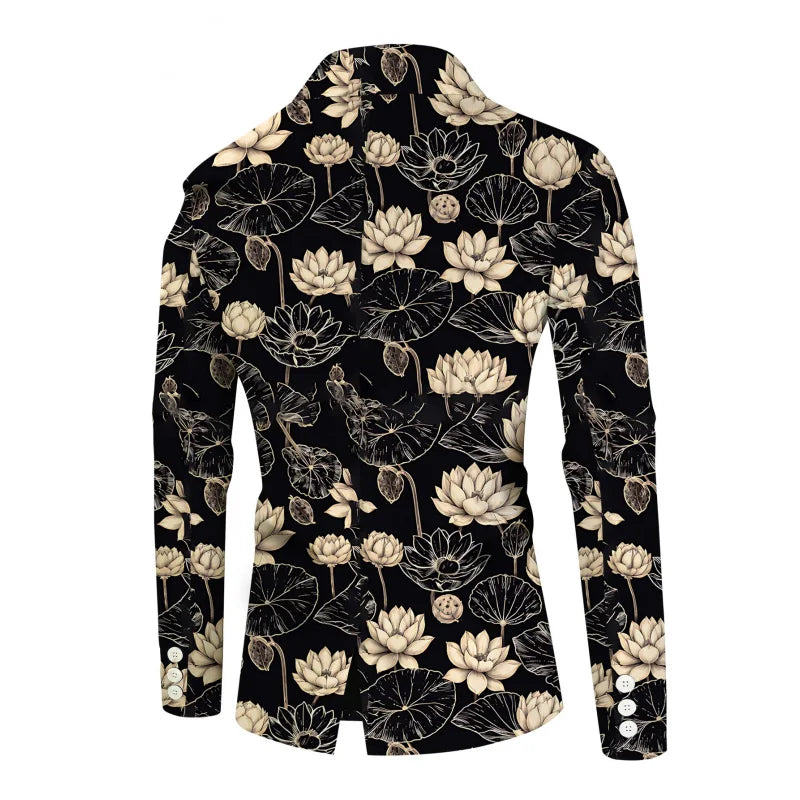 Traje Masculino Estampado com Padrão Lótus 2026, Estilo Retrô Moderno, Estampa Total, Perfeito para Festas ao Ar Livre