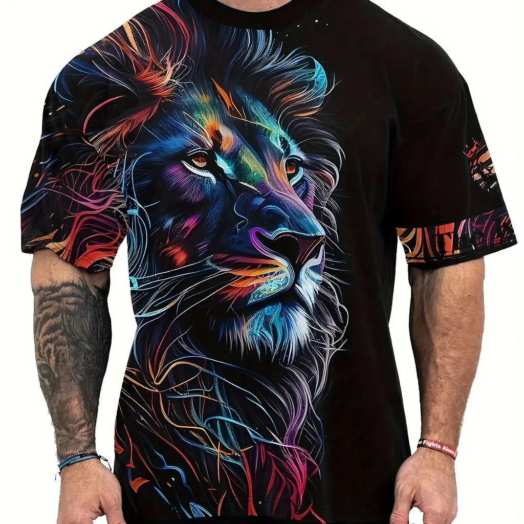 Camiseta masculina de manga curta gola redonda, leão e coroa legal impressão gráfica 3D, novidade, verão ao ar livre