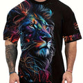 Camiseta masculina de manga curta gola redonda, leão e coroa legal impressão gráfica 3D, novidade, verão ao ar livre
