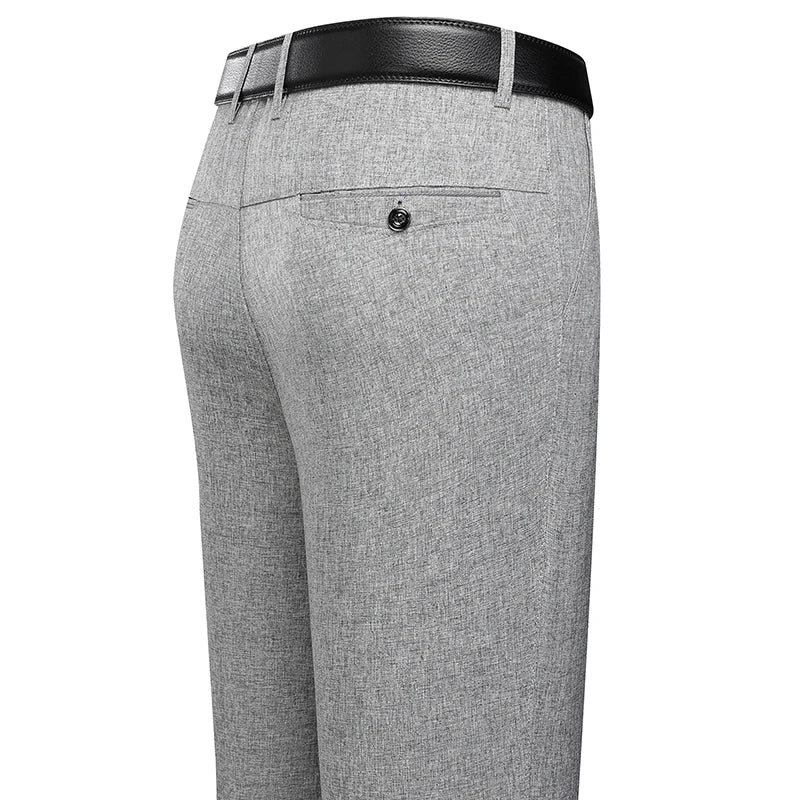 Calças masculinas negócios calças casuais verão outono vestido calças retas elástico preto cinza solto calças formais
