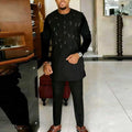 Traje Masculino Africano com Bordado Temos, Conjunto de Duas Peças, Calça Longa, Estilo Étnico Casual, Traje de Casamento, Terno para Noivos.