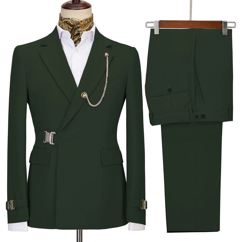 Terno de negócios masculino com fivela de metal, jaqueta casual, casaco boutique, vestido de noiva do noivo, blazers e calças, moda elegante