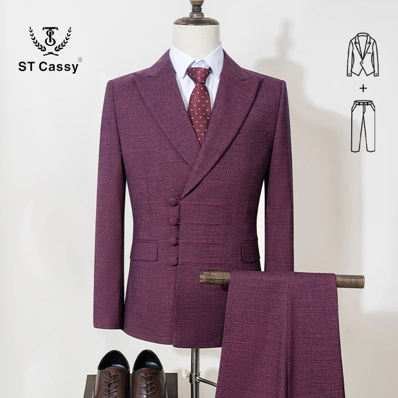 Terno masculino elegante ST Cassy para casamento, cinza, slim fit, trespassado, com vários botões, casual, para negócios, conjunto de 2 peças para festa.